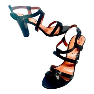 Via Spiga Black Strappy Sandal With Wooden Heel Women’s Size 8